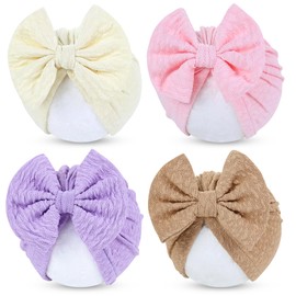 Cinaci 4 Pieces Soft Stretchy Turban Hats with Bow Nursery Hospital Caps Bonnets Beanies Headwraps for Baby Girls Newborns Infants Toddlers