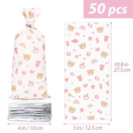 50 pcs Bear Baby Shower Cellophane Bags Pink Teddy Bear Treat Candy Sweet Bags with Twist Ties for Kids Boys Girls Baby Shower Gender Reveal Baptism Newborn Christening Party Favor Supplies