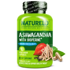 NATURELO Ashwagandha Organic Root Powder - Natural Herbs Supplement for Fatigue, Stress Relief, Mood Enhancer - with Black Pepper Extract - 90 Vegan Capsules