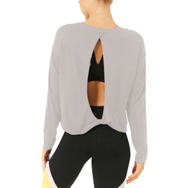 Bestisun Workout Tops Long Sleeve Yoga Tops Open Back Running Shirts Exercise Workout Clothes for Women Gray XL