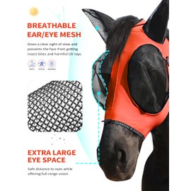 Harrison Howard Horse Fly Mask with Forelock Opening Stretch Breathable and Comfortable for Horses UV -Protection Orange L