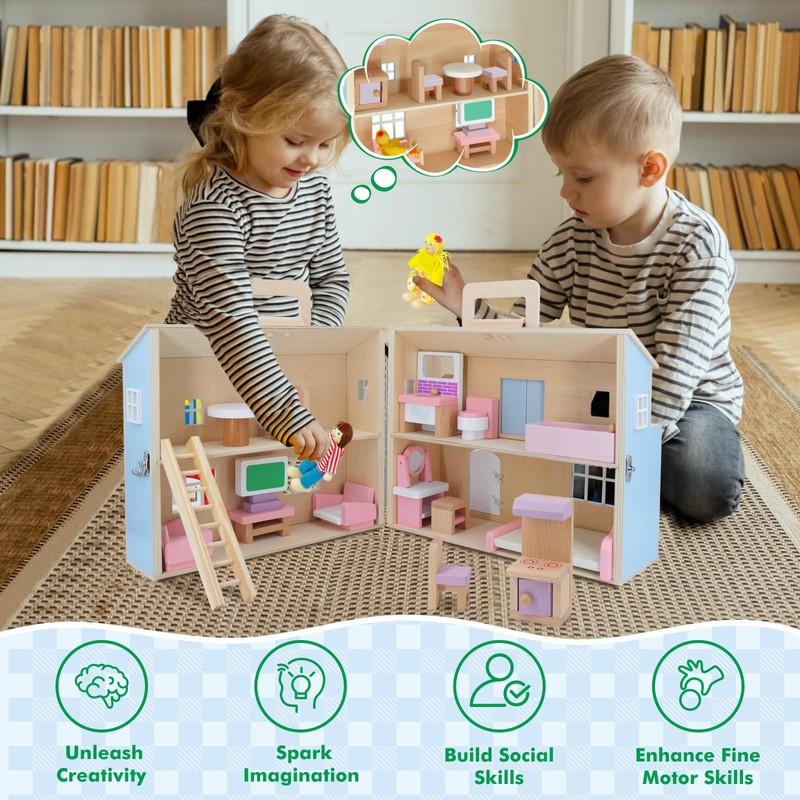 SIMPLIPLAY Wooden Dollhouse, DIY Portable Pretend Play Doll House Set