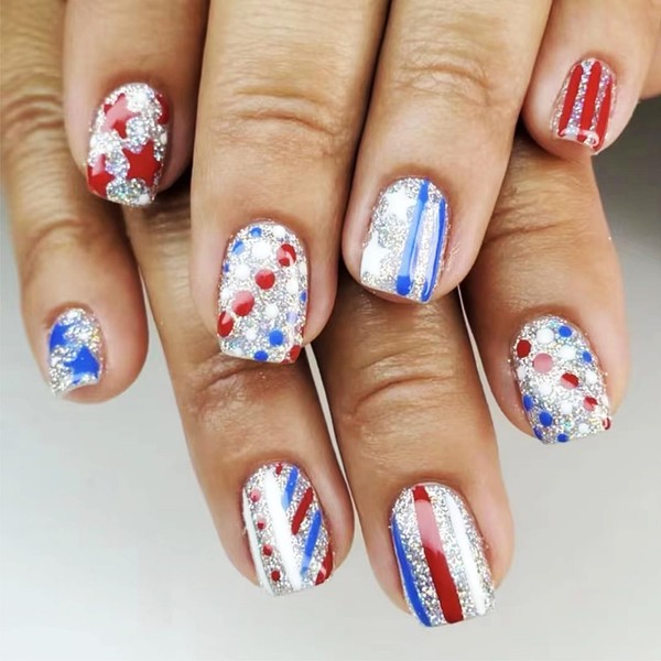 Fourth of July Press on Nails with Five-point Star Design,