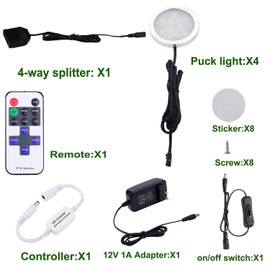 AIBOO LED Under Cabinet Lighting Kit 4 Packs of 12V Puck Lights with RF Dimmable Wireless RF Remote Control for Kitchen Counter Accent Lighting(Daylight White)