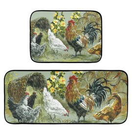 2 Pieces Kitchen Rug Set,Vintage Rooster and Hen Kitchen Mat Non Slip Washable Hallway Runner Decor for Kitchen Floor Mat