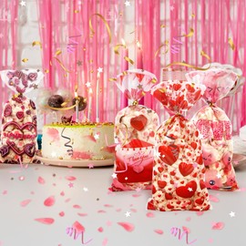 Valentine Treat Bags, 200 Pcs Valentines Cellophane Treat Bags, Valentine Day Red Goodies Candy Cookie Valentine Gift Bags with Twist Tie for Valentine's Day Wedding Party Favor Supplies (4 Styles)