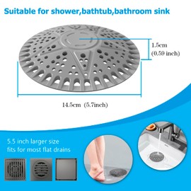 Shower Drain Hair Catcher | 2 Pack 5.5in Large Premium Silicone Drain Protector Strainer | Bathroom Essentials Shower Drain Cover for Shower Room, Floor Drain, Bathroom Sink-Grey