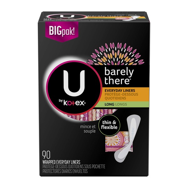 U by Kotex Barely There Liners, Light Absorbency, Long, Fragrance-Free, 5 Packs of 90 (450 Liners Total)