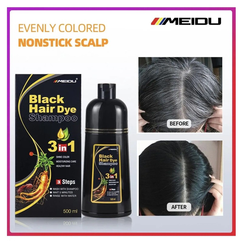 Meidu Black Hair Dye Shampoo Instant 3 in 1 +100%