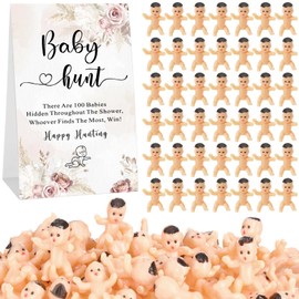 Gemscream 101 Pcs Baby Shower Games Include Paperboard Baby Hunt Sign 100 Mini Plastic Babies Tabletop Sign Tiny Babies Funny Prizes for Gender Reveal Party Favors(Brown,Boho)