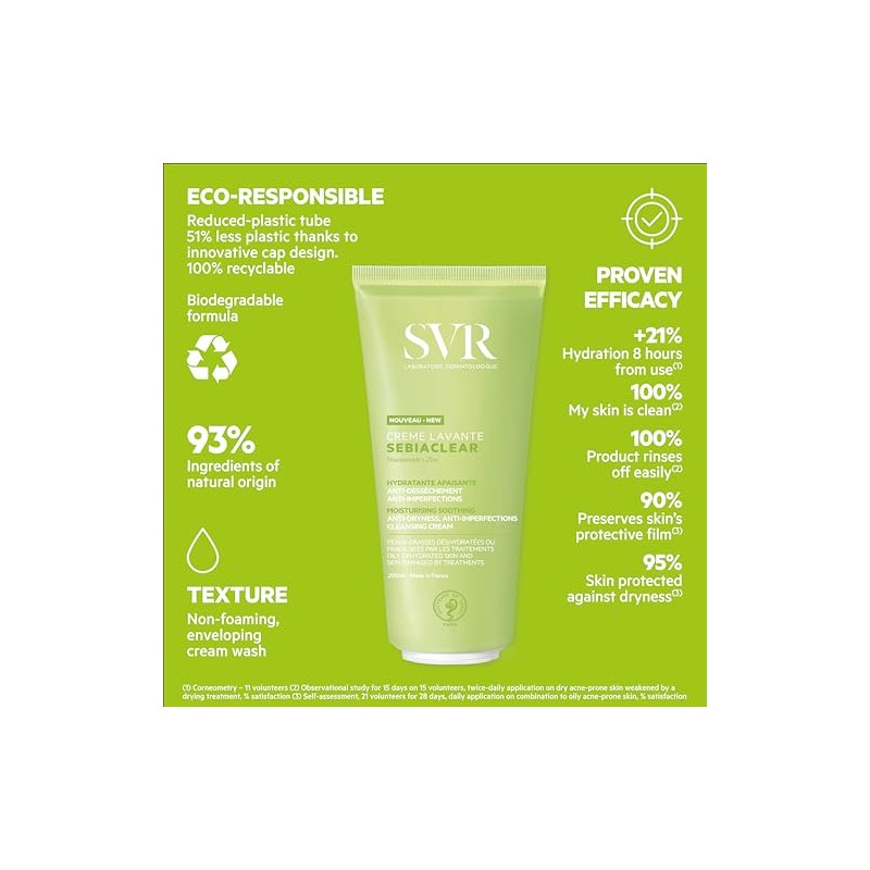 SVR Sebiaclear Creme Lavante, Crema Limpiadora para Piel Grasa y/o