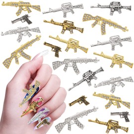 20 Pcs 3D Gun Nail Charms, MIKIMIQI Alloy Diamonds Gun Nail Art Charms Metal Guns Nail Art Decorations Rifle Gun Nail Rhinestones for Nail Art Craft Retro Manicure Accessories, 10 Styles