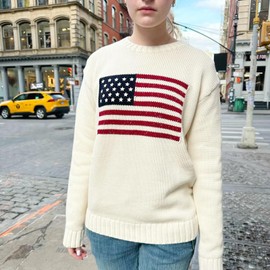 American Flag Sweater Women Loose Vintage USA Pullover Sweatshirt Preppy Long Sleeve Crewneck Knitwear Jumper (White e, M)