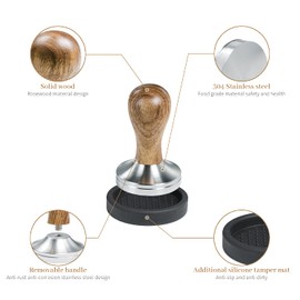 CreepyParty Coffee Tamper, 58mm Espresso Press with Mat 304 Stainless Steel Base Wooden Handle for Coffee Grounds Barista Espresso Machines Accessory