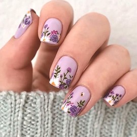 Purple Press on Nails Short Square Fake Nails Flower Bee Design Full Cover Glue on Nails Press ons Purple Flowers Acrylic False Nails Cute Artificial Stick on Nails for Women Girls 24 Pcs