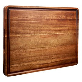 Timberro, Double-Sided Acacia Wood Cutting Board (20x15x1.2 In.), One Meat & Fish Side, One Veggie & Fruit Side, Built-in Handles, Deep Juice Groove on Each Side, Edge Grain, Extra Large Cutting Board