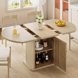 iPormis Round Dining Table for 4-6, 59'' Extendable Dining Room Kitchen Table with 2-Tier Storage Shelf, Wood Dinner Table with Door & Pedestal Base, for Kitchen Living Room, Space Saving, Natural