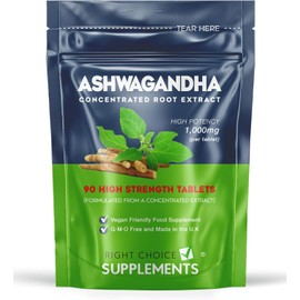 Ashwagandha 1000mg - Pure High Strength Root Extract for Mood, Stress & Stamina Support | KSM-66 Ayurveda (Withania Somnifera) | 90 Vegan Tablets | Made in the U.K.