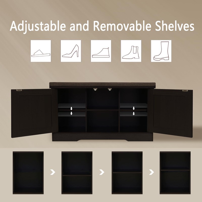 DINZI LVJ Shoe Bench, Entryway Storage Bench with Doors, Cushion,