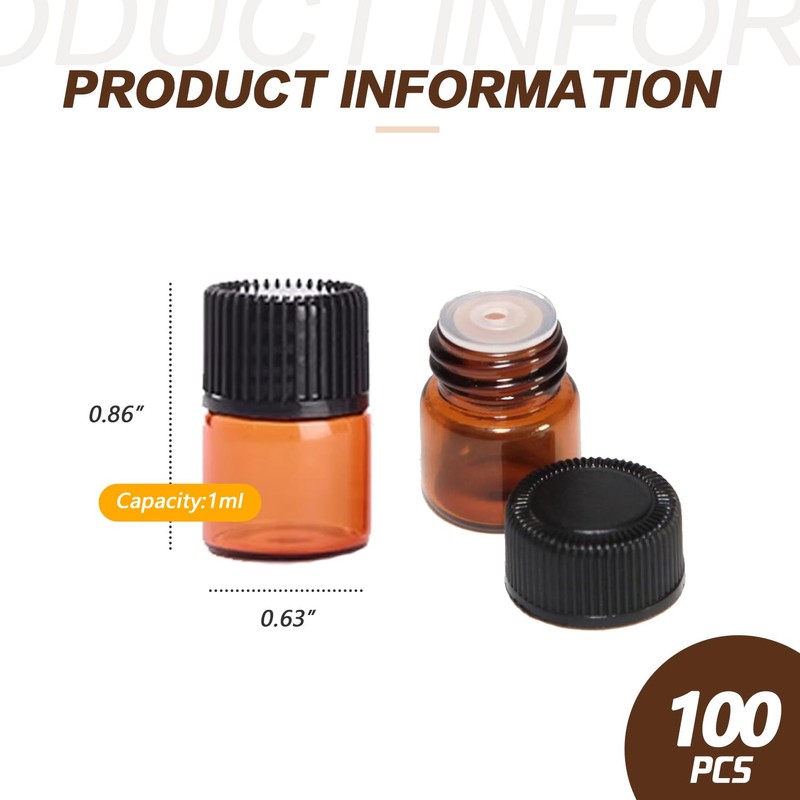 TOPWEL 100pcs (1/4 dram) 1ml Amber Glass Essential Oil Bottle