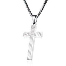 Colentine Men's Stainless Steel Flag Cross Necklace Engraved Philippians 4:13 Bible Quote Valentines Jewelry Gift (Silver)