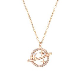 Saturn Crystal Necklace Gold Silver Plated Dainty Elegant Moon Lucky Star Planet Celestial Sparkly Rhinestone CZ Small Chain Necklace for Women Minimalist Space Lovers Birthday Christmas Fashion Jewelry Gifts (Gold)