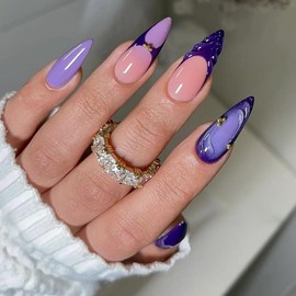 3D Almond Press on Nails Medium Fake Nails Glossy Purple False Nail Tips Full Cover 3D Gold Bead Designs Glue on Nails Cute Summer Nail Art Decorations Medium Almond Stick on Nails for Women 24Pcs
