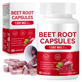 Beet Root Capsules 1300mg, Natural Energy & Endurance Support, Non-GMO - 60 Capsules, Beetroot Supplement Powder | 30-Day Supply | Pure Beet Energy Booster | Vegan Friendly