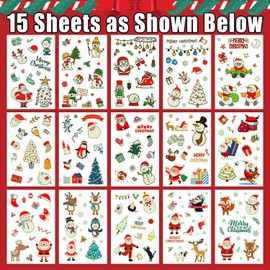 Partywind Glow Christmas Party Supplies Temporary Tattoos for Kids, 170 Styles Luminous Stocking Stuffers for Boys Girls Christmas Party Decorations, Xmas Holiday Games Toys (15 Sheets)