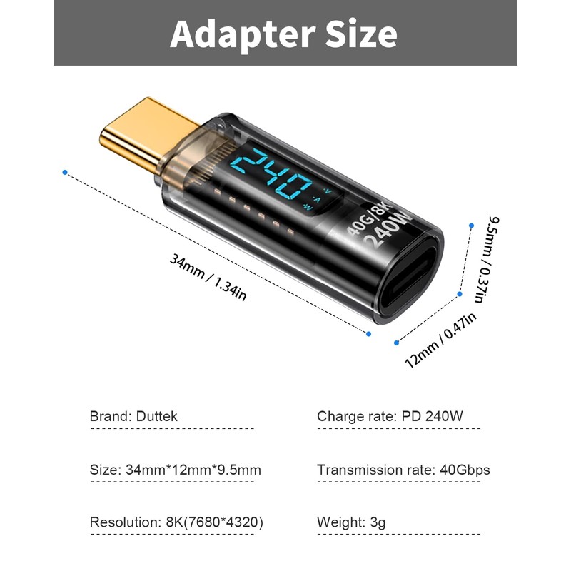 Duttek USB C Extension Adapter 240W Ultra Fast Charging, 40Gbps