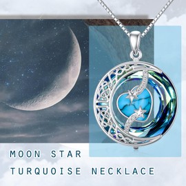 TOUPOP Christmas Gifts for Women Turquoise Heart Necklace 925 Sterling Silver Moon and Star Pendant Necklace Celtic Moon Jewellery Anniversary Birthday Jewellery Gifts for Women Lady Her Girl Mum Wife