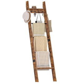 CHOEZON 5-Tier Blanket Ladder, Wooden Blanket Display Rack, Towel Ladder with Hooks, Wall Leaning Display Shelf, for Living Room, Bedroom, Balcony, Rustic Brown and Black MCJ02FG