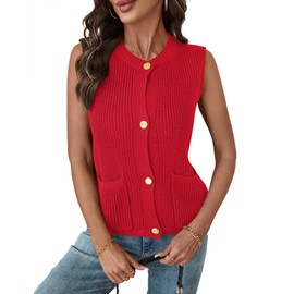 LUYAA Spring Tops for Women Sweater Vest Crewneck Button Sleeveless Sweater Vest Spring Summer Trendy Outfits Red M
