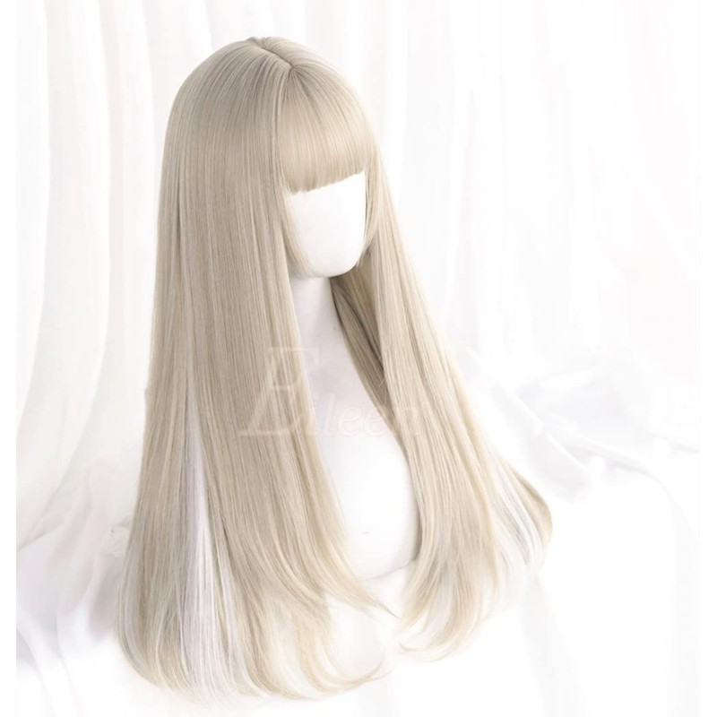Semi-long, Beige x White Wig, Women's, Wig, Straight, Natural, Harajuku