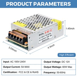 HPMN 12V 5A Power Supply 60W AC/DC Adapter Switching Power Transformer AC 100V-240V to DC 12 Volt 5 Amp Converter Low Voltage Output for LED Strip Light Security System CCTV Camera