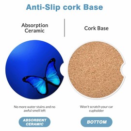 Blue Butterfly Car Cup Holder Coaster 2 Pack Absorbent Ceramic Car Coasters for Cup Holders Car Accessories Interior for Women Men Universal Anti Slip Cork Base Cup Coasters with Finger Notch