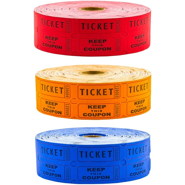 Toysery Multicolor Raffle Tickets - 6000 Tickets (3 Double Rolls of 2000 Tickets Roll), Consecutively Numbered Fundraiser 50/50 Raffle Tickets for Christmas Party, Concert, Carnivals & Other Event