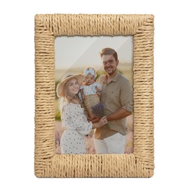 takfot Boho Picture Frame 5x7, Natural Paper Rope Rattan Photo Frame with Real Glass, Wall & Tabletop Display, Gifts for Family Friends
