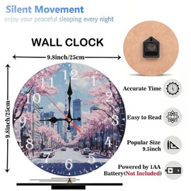 10-Inch Silent Wooden Wall Clock, Cherry Blossoms Frame City Clock Tower ” Silent Non-Ticking Clock, Battery Operated (AA Batteries Not Included), Artistic Home Decor