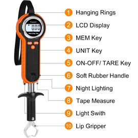 Fuzion Fish Scale, Professional Fishing Scale - 110lb Capacity, Waterproof, Night Light, Memory & Tape Measure | Portable Fish Weigh Kit w/Lip Gripper, Batteries & Pouch