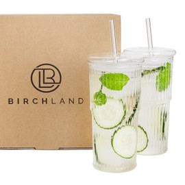 Birchland All Glass Iced Coffee Cup with Lid and Straw, Ribbed Glass Tumbler Set of 2 (18 oz)