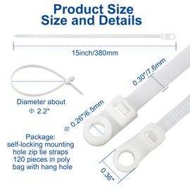 120 PCS 15 Inch Plastic Zip Ties with Screw Holes, Heavy Duty Mountable Cable Ties, UV Resistant Electrical Zip Ties for Indoor & Outdoor (White)