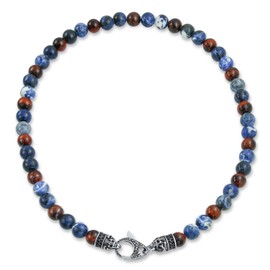 Bali Style Gemstone Blue Sodalite Brown Tiger Eye Ball Bead Strand Necklace for Men Women Stainless Steel Hook Clasp