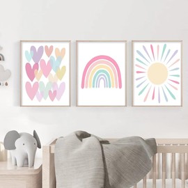 Children's Room Pictures, Rainbow Hearts, Boho Wall Poster, Picture Set for Boys, Girls, Baby Room, Children's Pictures, Premium Wall Poster, Without Frame (30 x 40 cm)