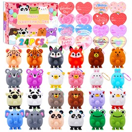 Valentines Day Gifts for Kids,24 PCS Valentines Cards for Kids Classroom, 3D Animal Pop Suction Toys Toddler Valentines Day Gifts, Goodie Bags Pinata Stuffers, Party Favors Classroom Prizes