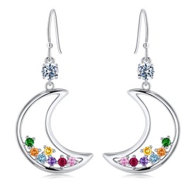 Silver Moon and Star Pendant Drop Earring for Women, Dainty Trendy White Gold Plated Multi-Color Cubic Zirconia Dangle Eearrings Jewelry Gift (White Gold, Moon Drop Earrings)