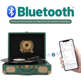 Vinyl Record Player Bluetooth Turntable 3-Speed Suitcase Portable Vintage Belt-Driven Record Player with Built-in Speakers RCA Line Out AUX in Headphone Jack Dark Hunter Green