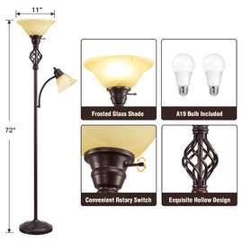 GyroVu Torchiere Floor Lamp for Living Room, LED Standing Reading Light for Bedroom with Glass Shade for Living Room Corner Bedroom Home Office,Bulbs Included (Yellow Lampshade, Glass 2 Head)