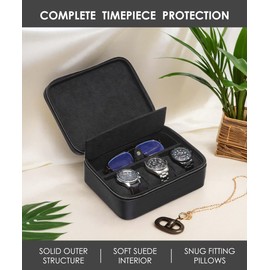 SYENS Genuine Leather Watch Box for Men, Travel Case with Glasses Pocket, Genuine Grain Leather Carry Case for 3 Watches, Watch Travel Roll, Zipper (Black)