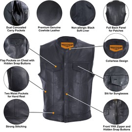 Club Vest SOA Mens Genuine Leather Motorcycle Vest with Multiple Pockets, Black Biker Cut for Riding